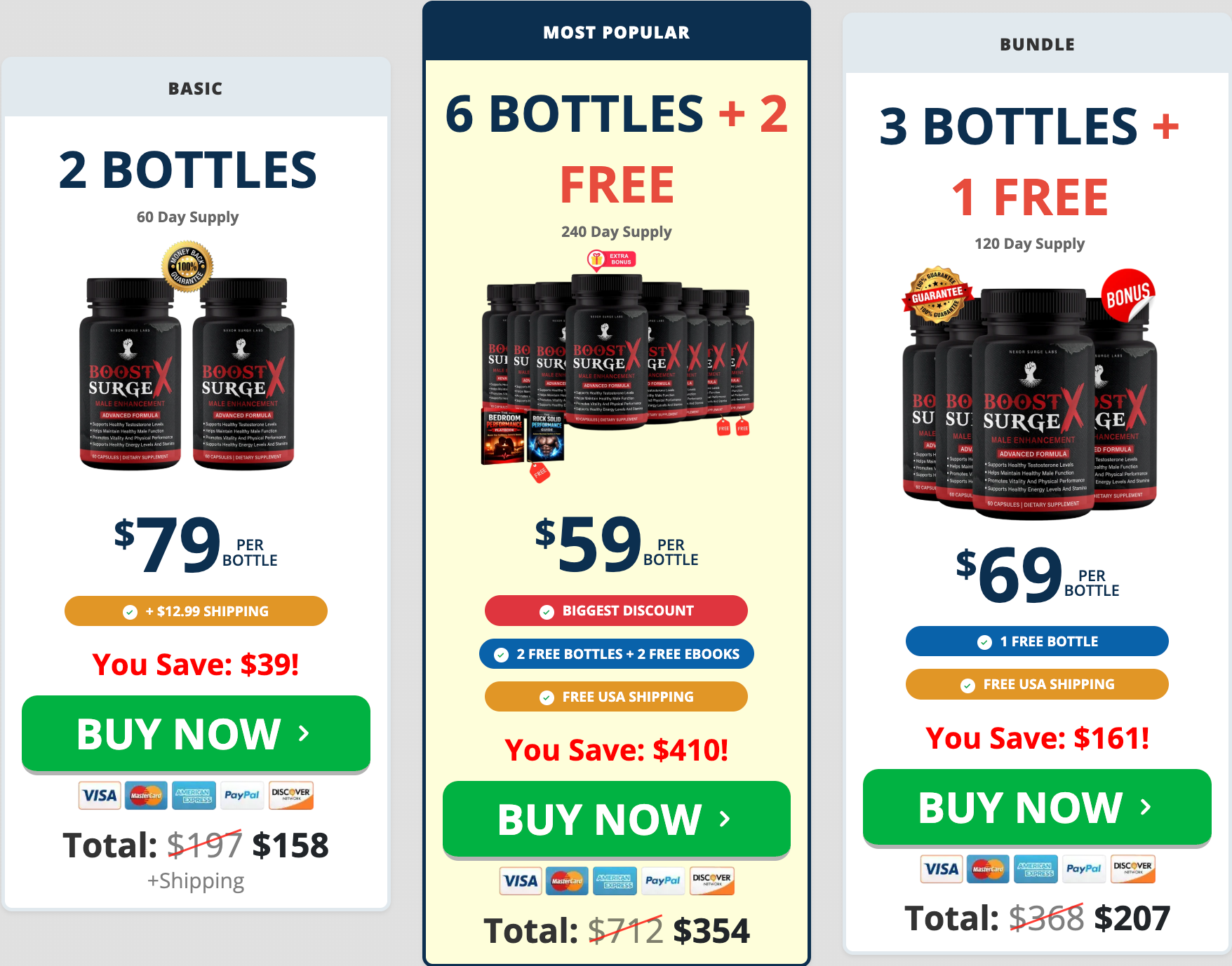 Boost Surge X pricing: 2 bottles $79, 6 bottles + 2 free $59 each, 3 bottles + 1 free $69 each